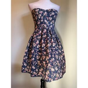 Navy pink Floral Strapless Fit Flare Dress  Cottage fairy boho whimsi Y2K M